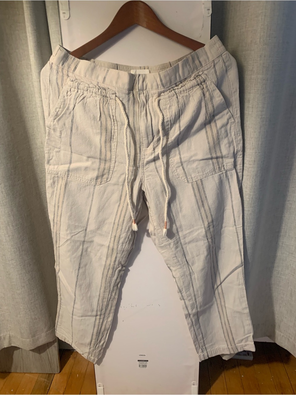 Anthropologie's Women’s Light Cream Cargo Pants with Subtle Stripes